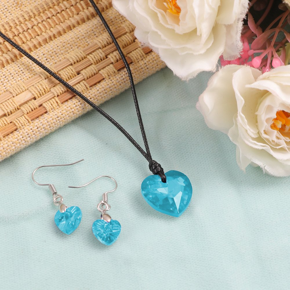 Blue Crystal Heart Pendant Necklace and Earrings Set image 2