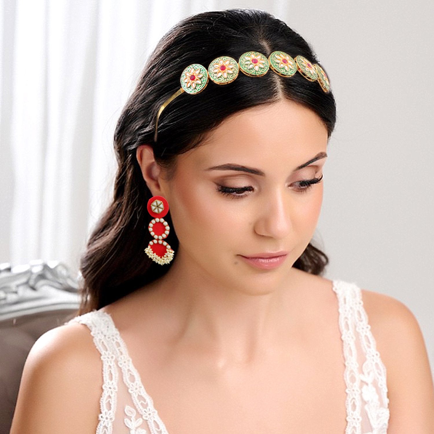 Ethnic Meenakari/Pearl Mathapatti Hairband and Earrings Set image 2