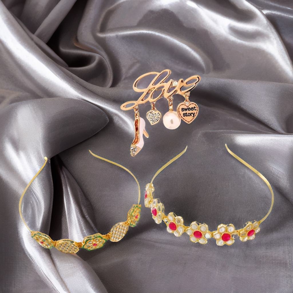 Kundan-Meenakari Floral Hairband Perfect Combo Set with Free Brooch Gift (Pack of-2) image 0