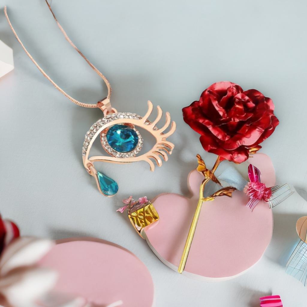 Valentine's Day Jewelry Gift Set Angel Blue Eye Pendant Chain Necklace with Red Rose image 2