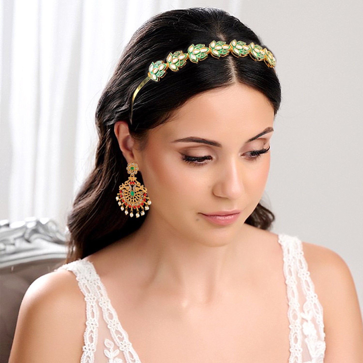 Ethnic Mathapatti Lotus Hairband and Earrings Set image 1