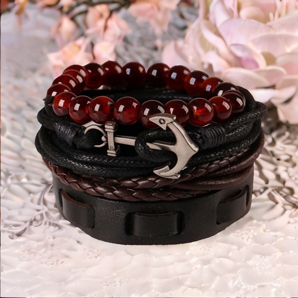 4 Piece Anchor Leather Bracelet image 0