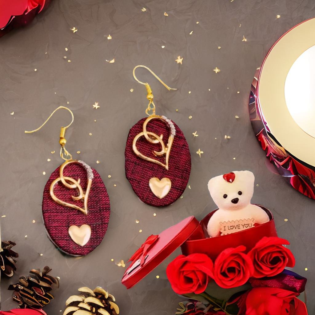 Heart Dangle Earrings &Red Teddy Bear Combo Set image 0