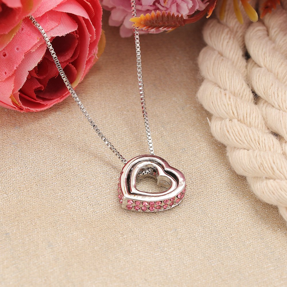 Double Silver-Plated Pink Crystal Heart Pendant Necklace image 0