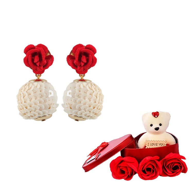 Red Rose Dangle Earrings & Red Teddy Bear Combo Gift Set image 4