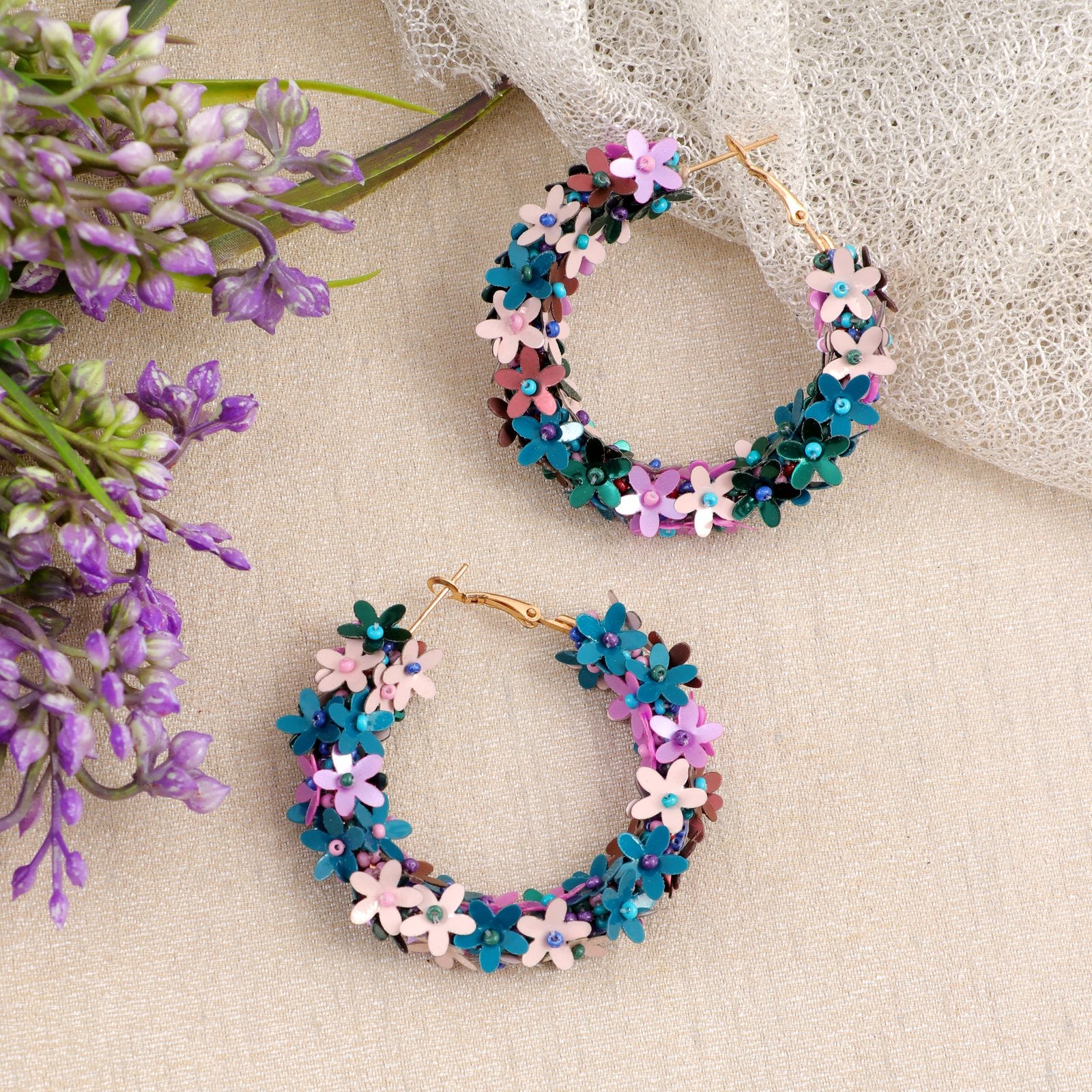 Beaded Multi Floral Hoop Earrings image 0
