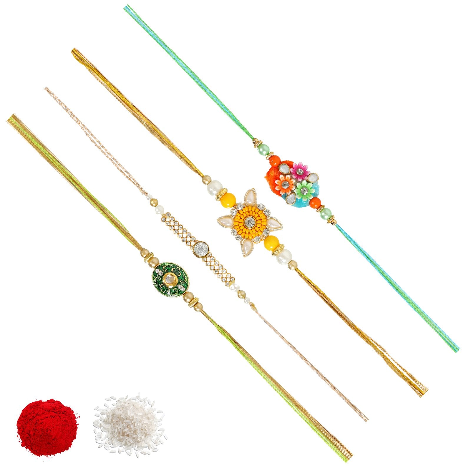 Set Of 4 Kundan Handcrafted raditonal Rakhi Combo Set For Brother image 3