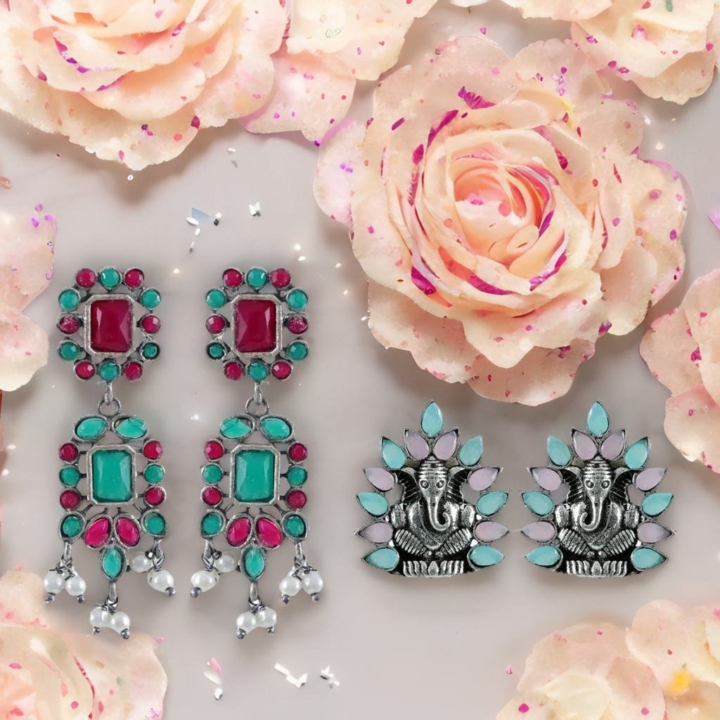 Oxidised Silver Drop & Dangler Ganesh Stud Earrings Combo Set image 0