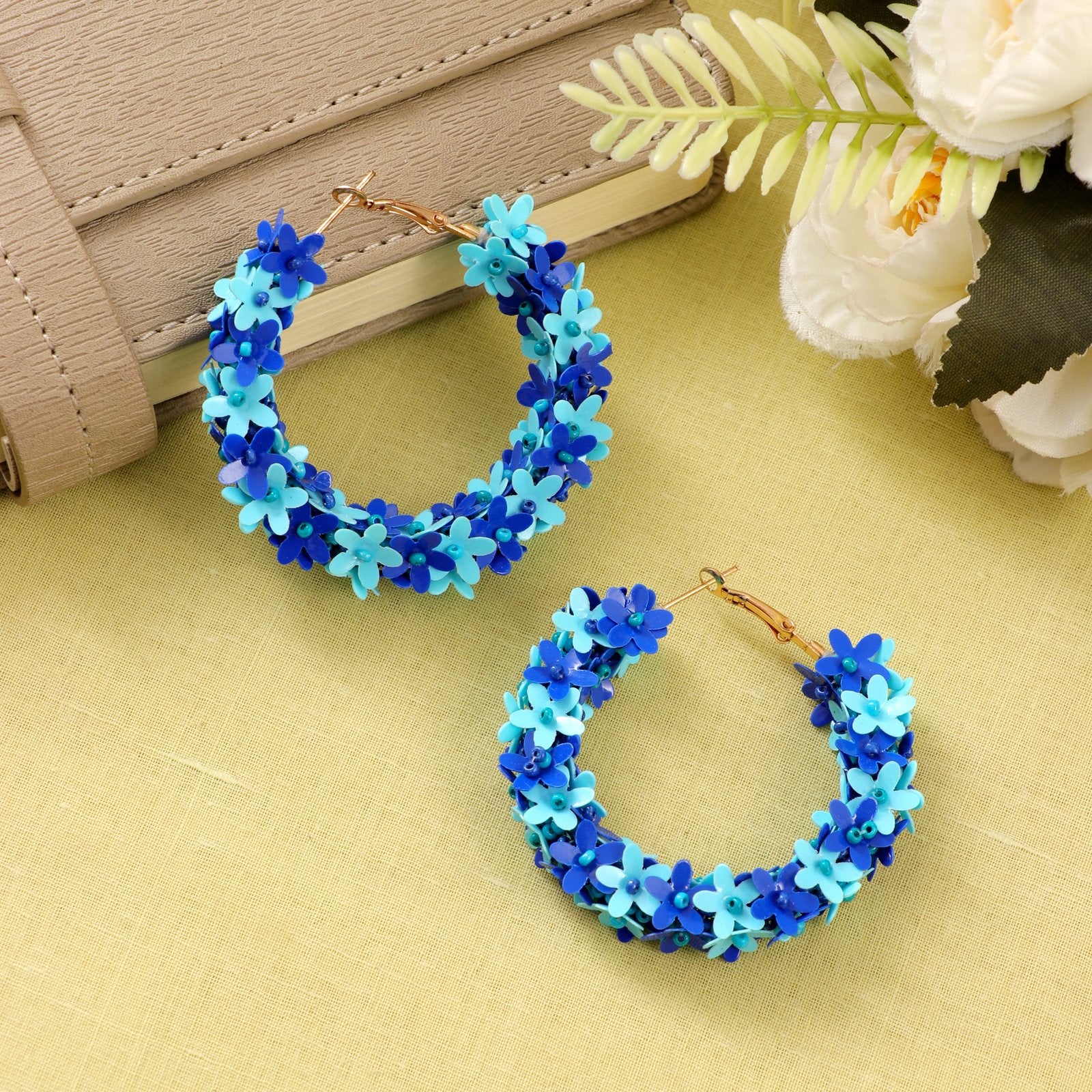 Beaded Blue Floral Hoop Earrings image 2