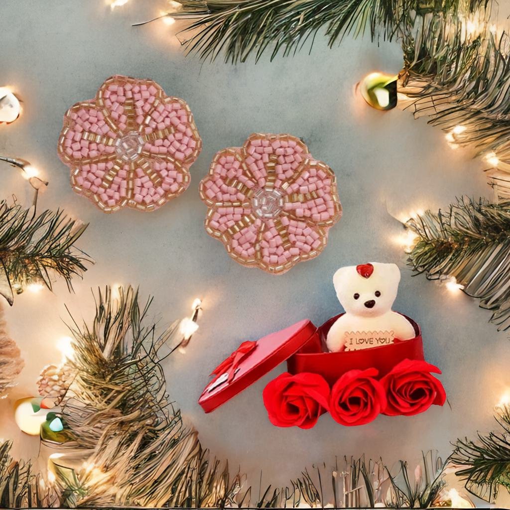Women Handcrafted Floral Earrings & Red Teddy Gift Set image 2