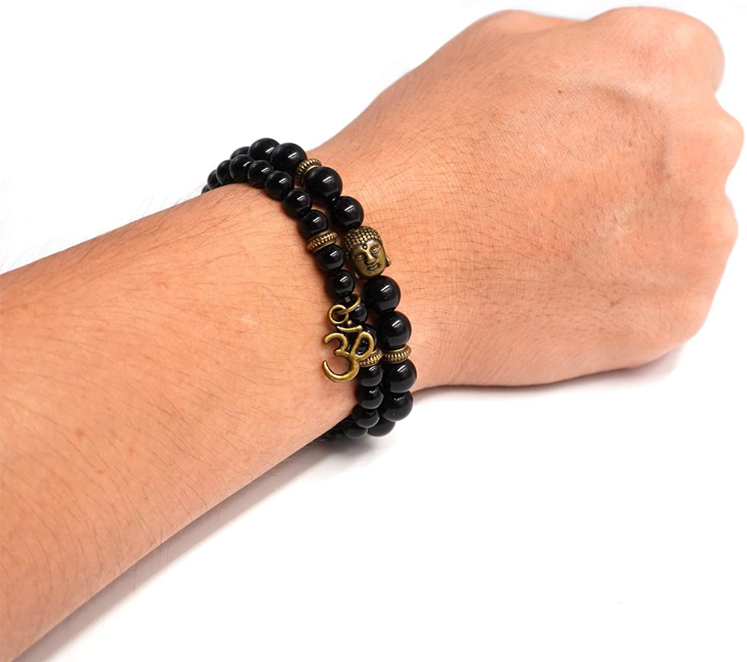 2PCs Glossy Black Beads OM Buddha Onyx Bracelet for Men & Women image 4