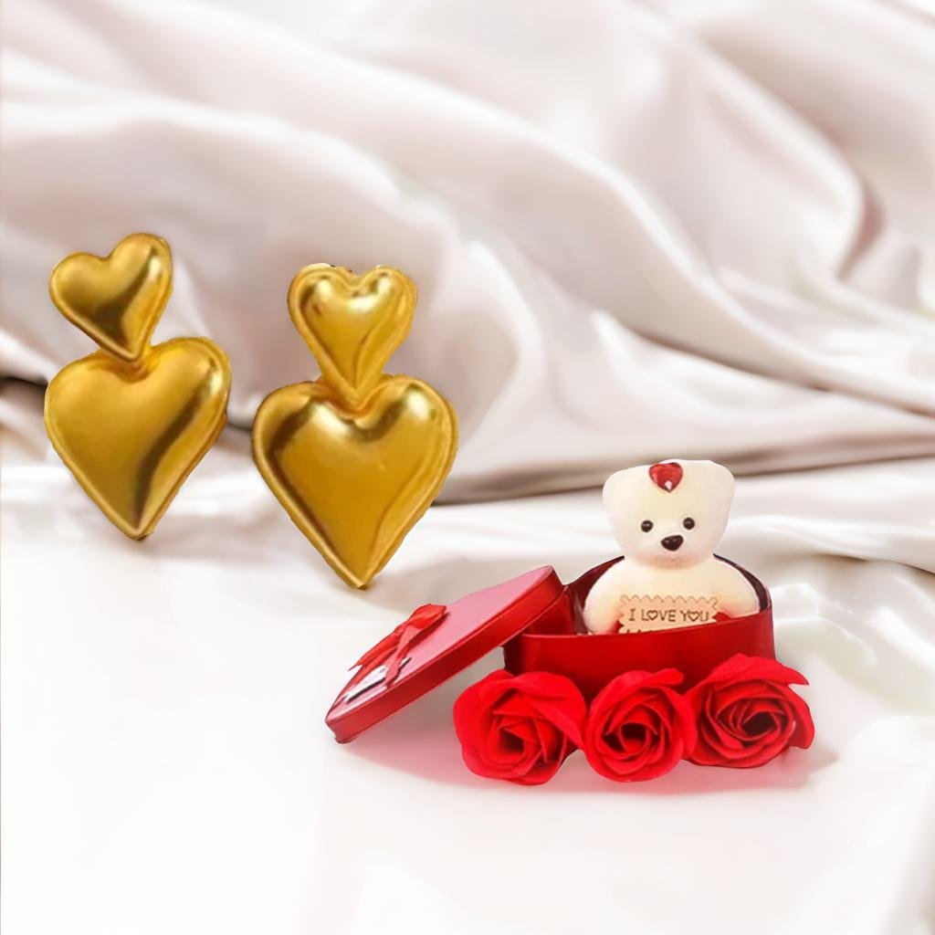Gold Heart Earrings with Red Teddy Bear Gift Combo Set image 0
