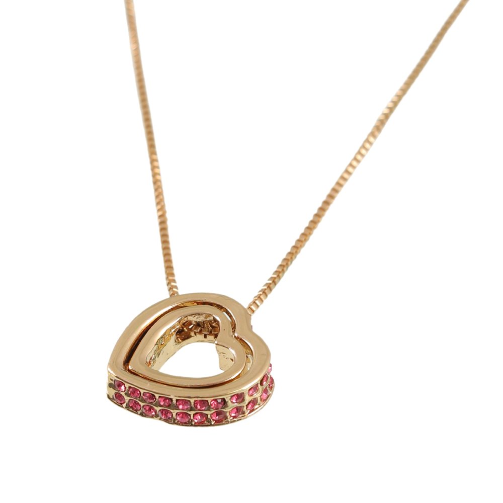 Double Gold-Plated Royal Pink Crystal Heart Pendant Necklace image 1