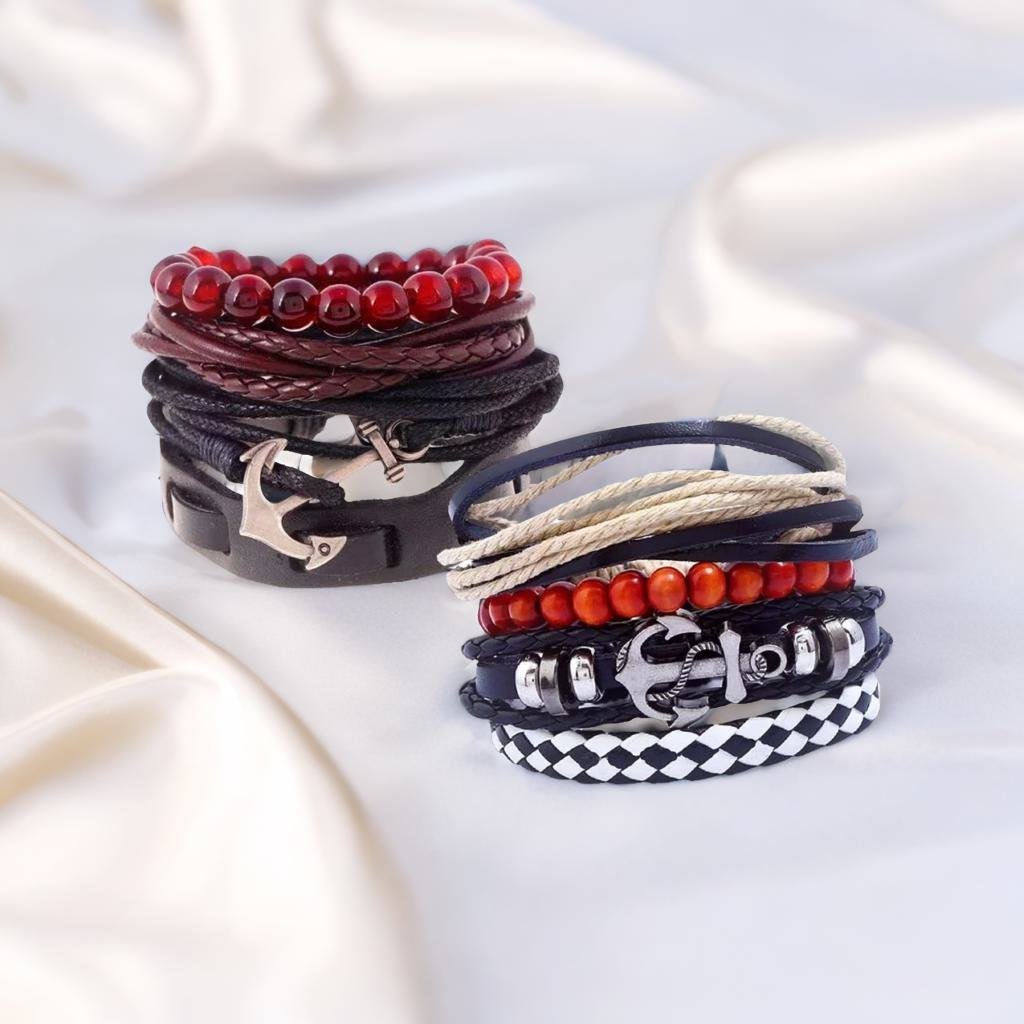 2 PCs Anchor Beaded Multi-strand Leather Bracelet Combo Set image 0