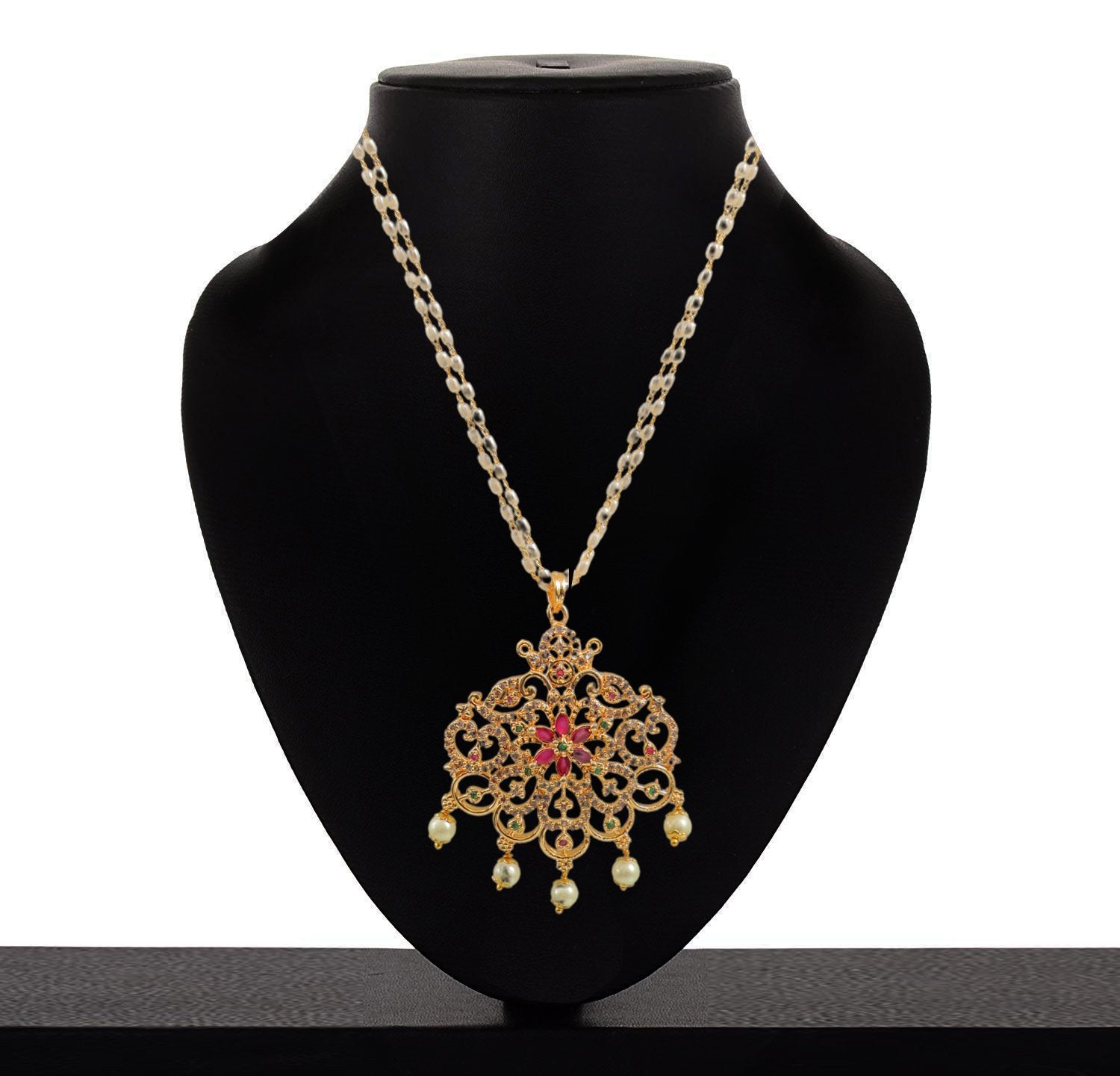 American Diamond (A/D) Pearl Studded Gold-Plated Necklace image 1