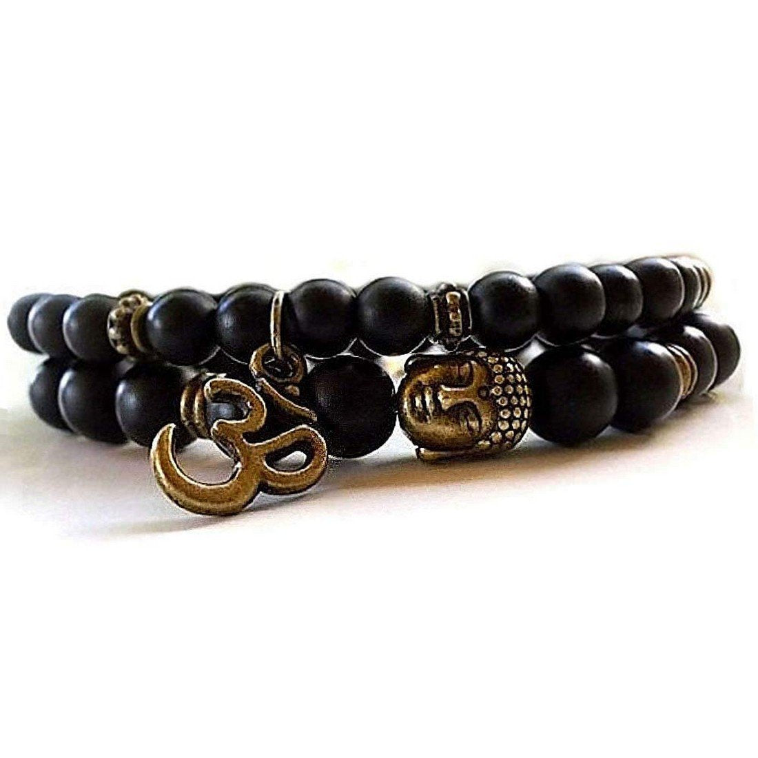 2 Piece Black Beads Buddha and Om Matte Bracelet image 0