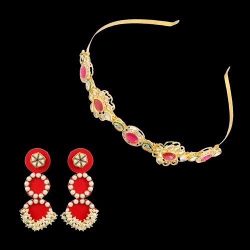 Ethnic Kundan/Pearl Mathapatti Hairband and Earrings Set image 1