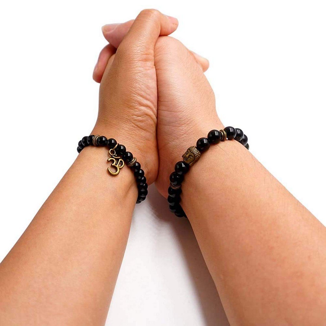 2PCs Glossy Black Beads OM Buddha Onyx Bracelet for Men & Women image 3