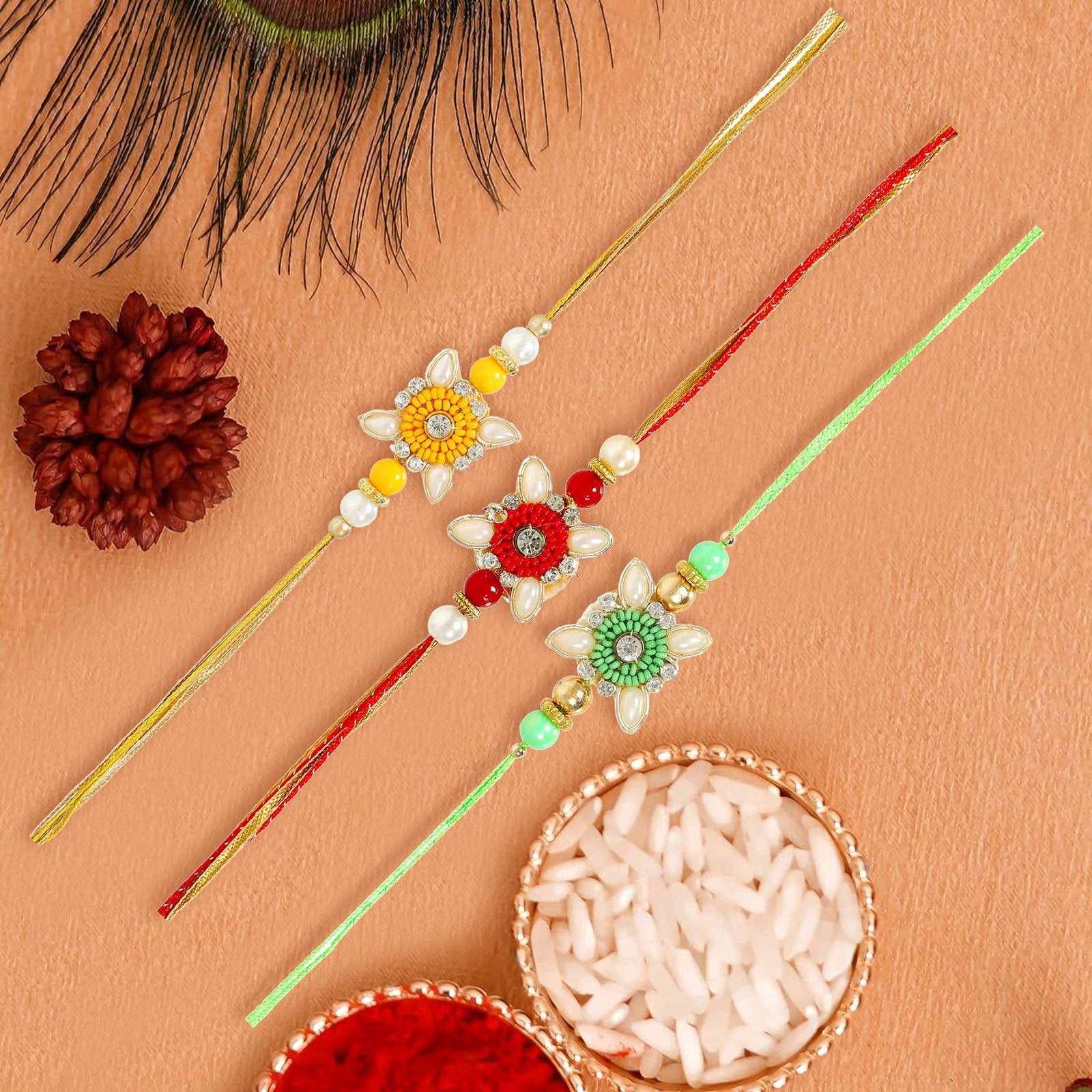 Set of 3 Handmade Beaded Pearl Assorted Rakhi Set For Brother's image 1