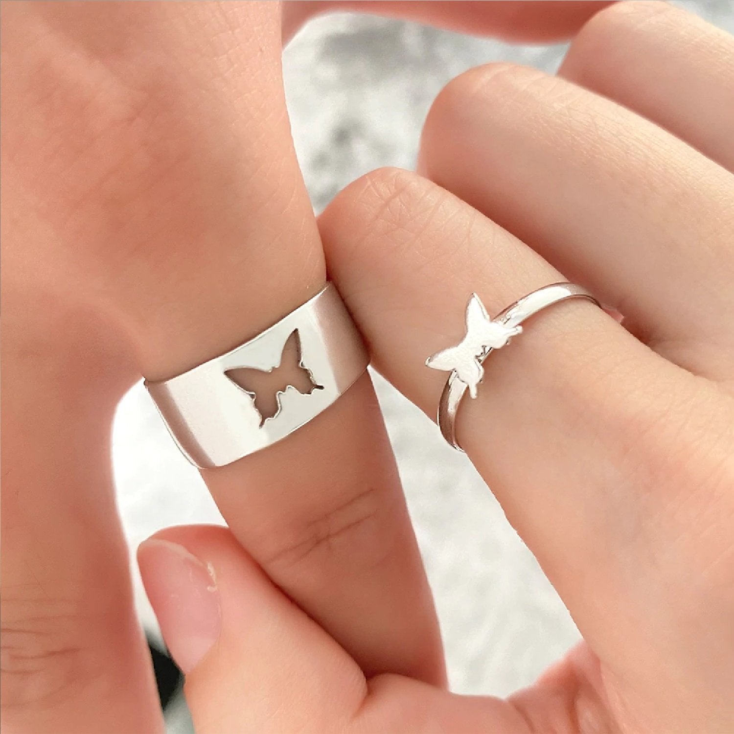 Adjustable Silver-Plated Butterfly Rings for Couples image 2