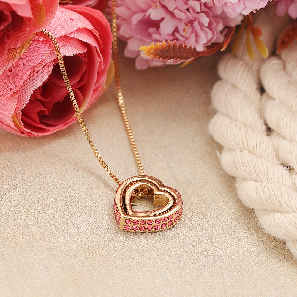 Double Gold-Plated Royal Pink Crystal Heart Pendant Necklace image 0