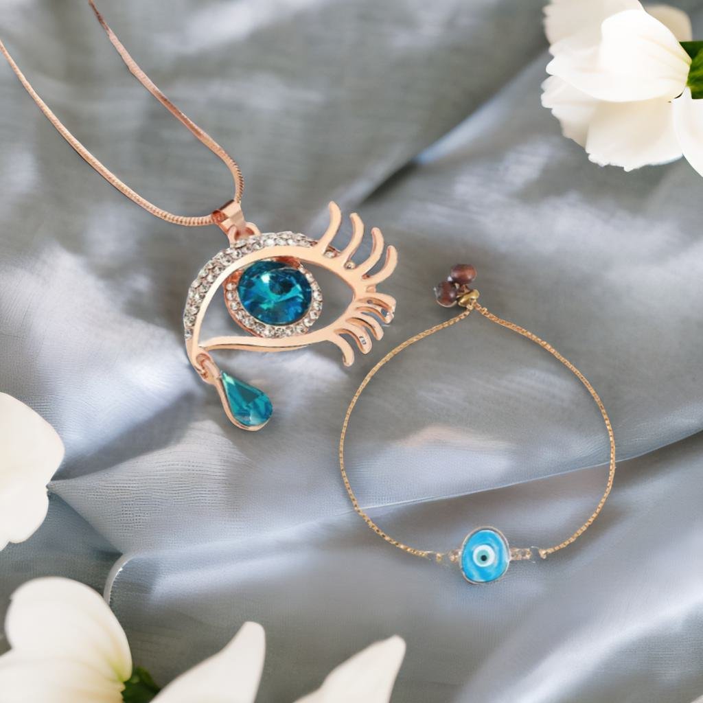 Valentine's Day Jewelry Gift Set Angel Blue Eye Pendant Chain Necklace with Blue Evil Eye Bracelet image 2