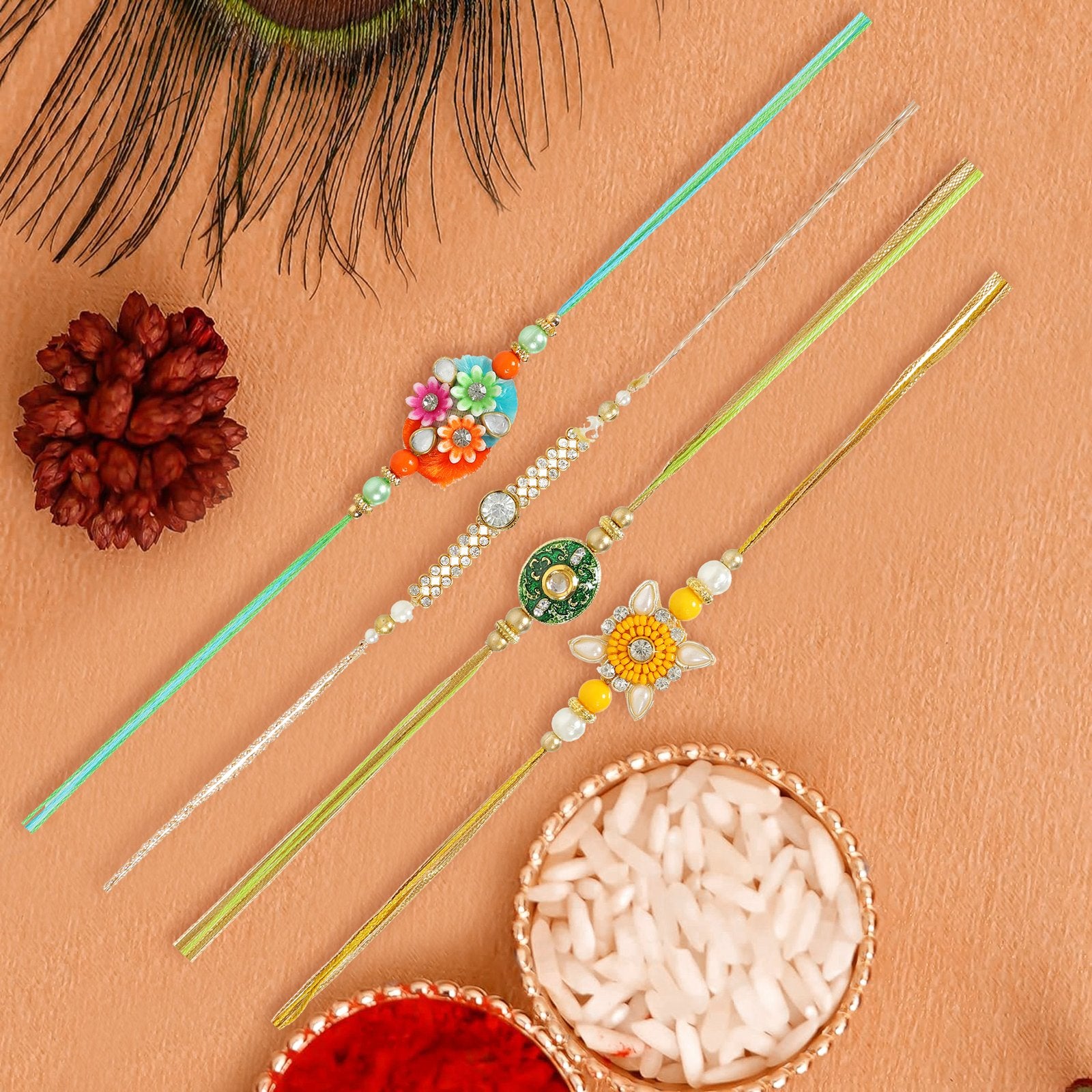 Set Of 4 Kundan Handcrafted raditonal Rakhi Combo Set For Brother image 1