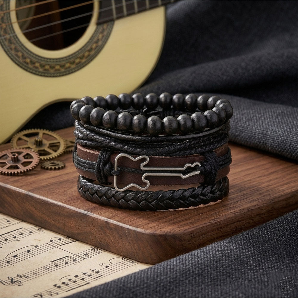 Black Beaded Guitar Multi-Layer Leather Bracelet Combo for Men – Pack of 4