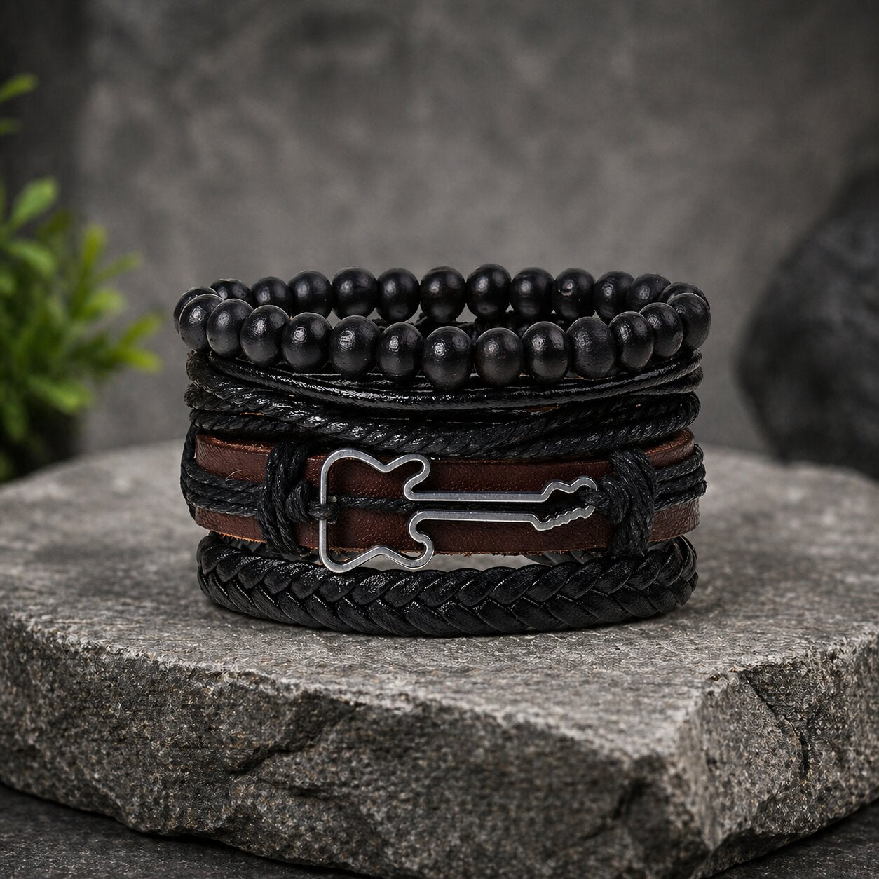 Black Beaded Guitar Multi-Layer Leather Bracelet Combo for Men – Pack of 4