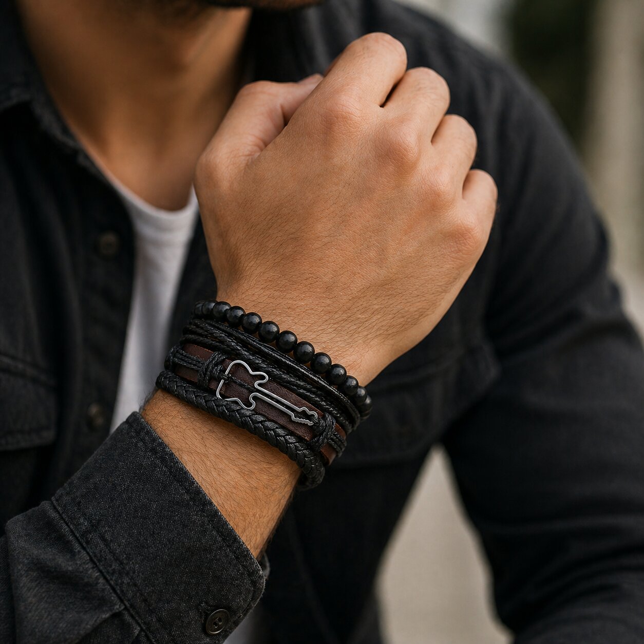 Black Beaded Guitar Multi-Layer Leather Bracelet Combo for Men – Pack of 4