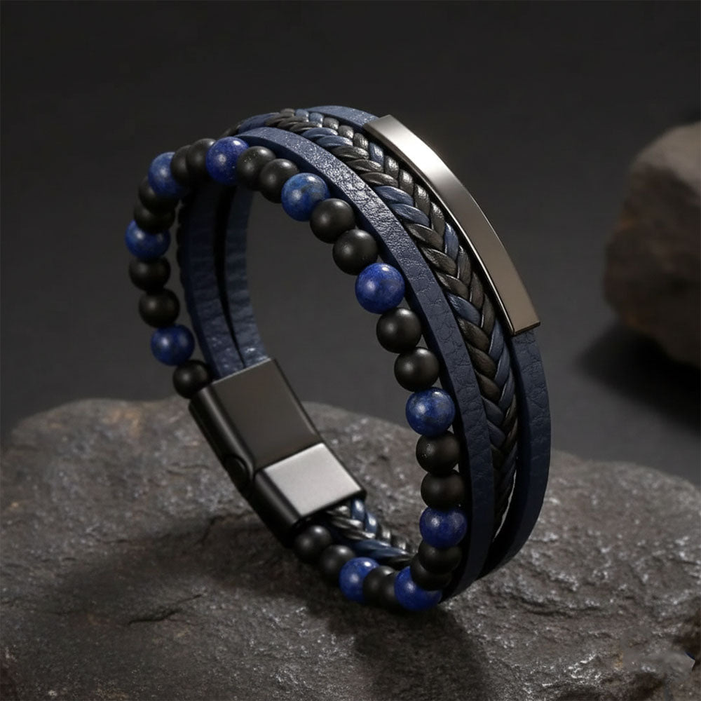 Black-Blue Leather Bracelet for Men