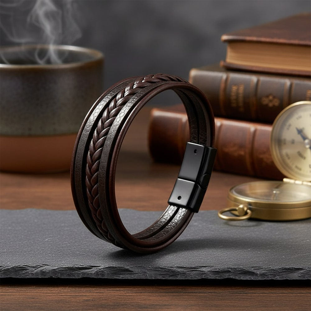 Brown Braided Leather Bracelet For Men