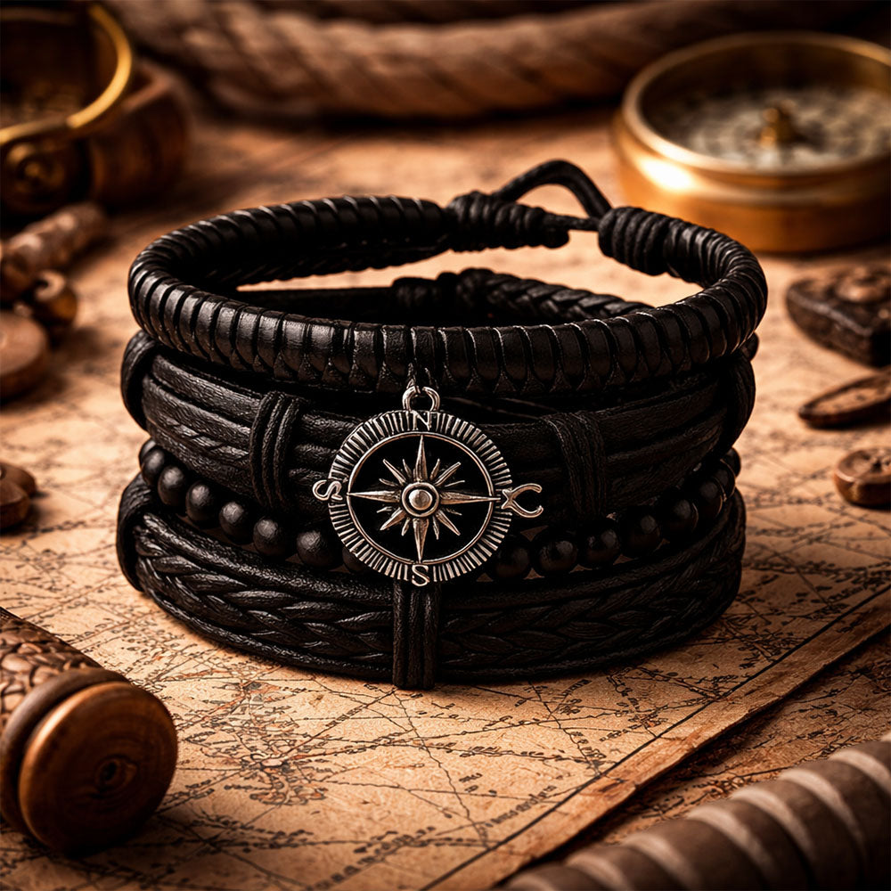 Black Braided Beaded Leather Bracelet For Men Pack of 4