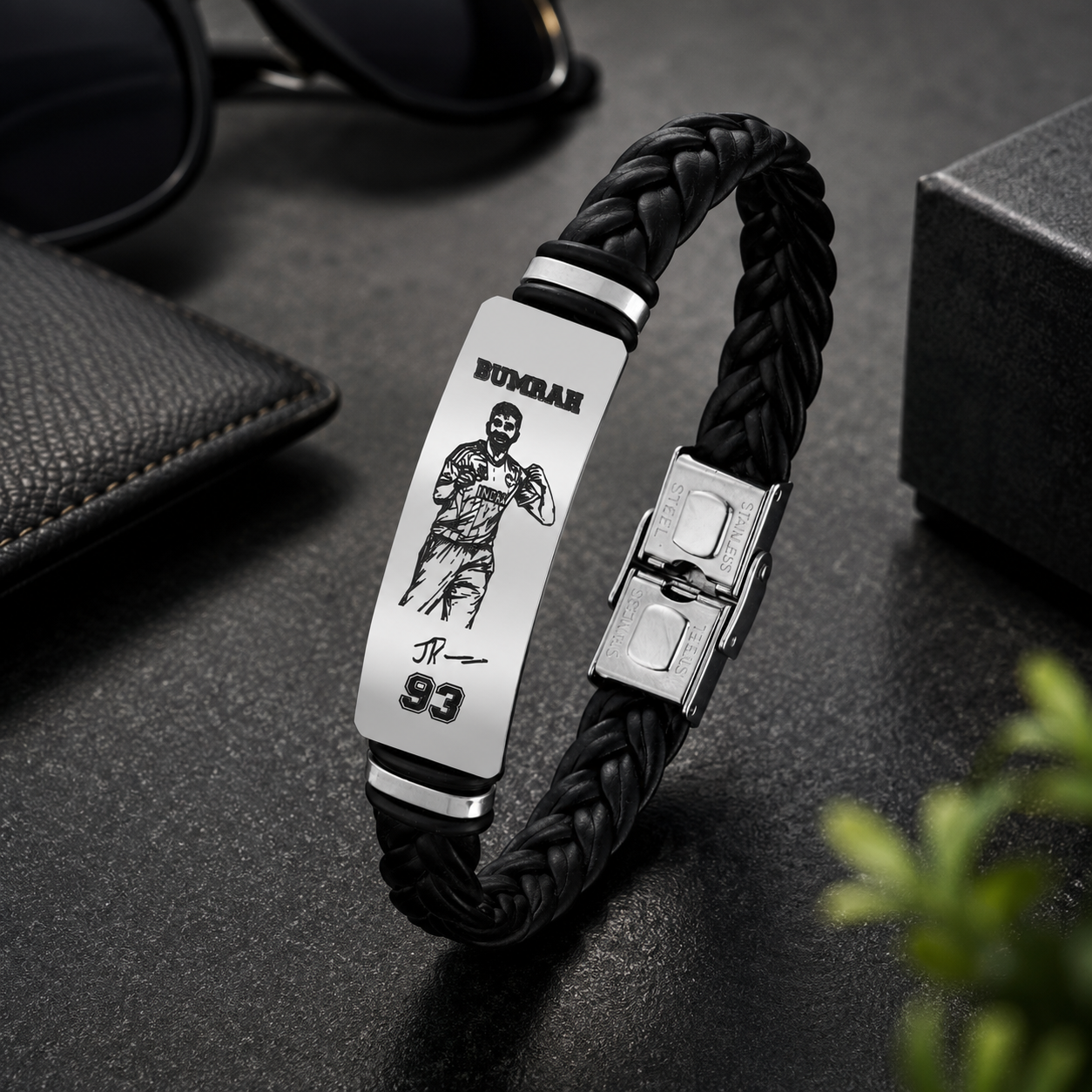 Jasprit Bumrah 93 Signature Leather Bracelet for Men | Premium Braided Black Leather Wristband | Stainless Steel Cricket Fan Bracelet Gift