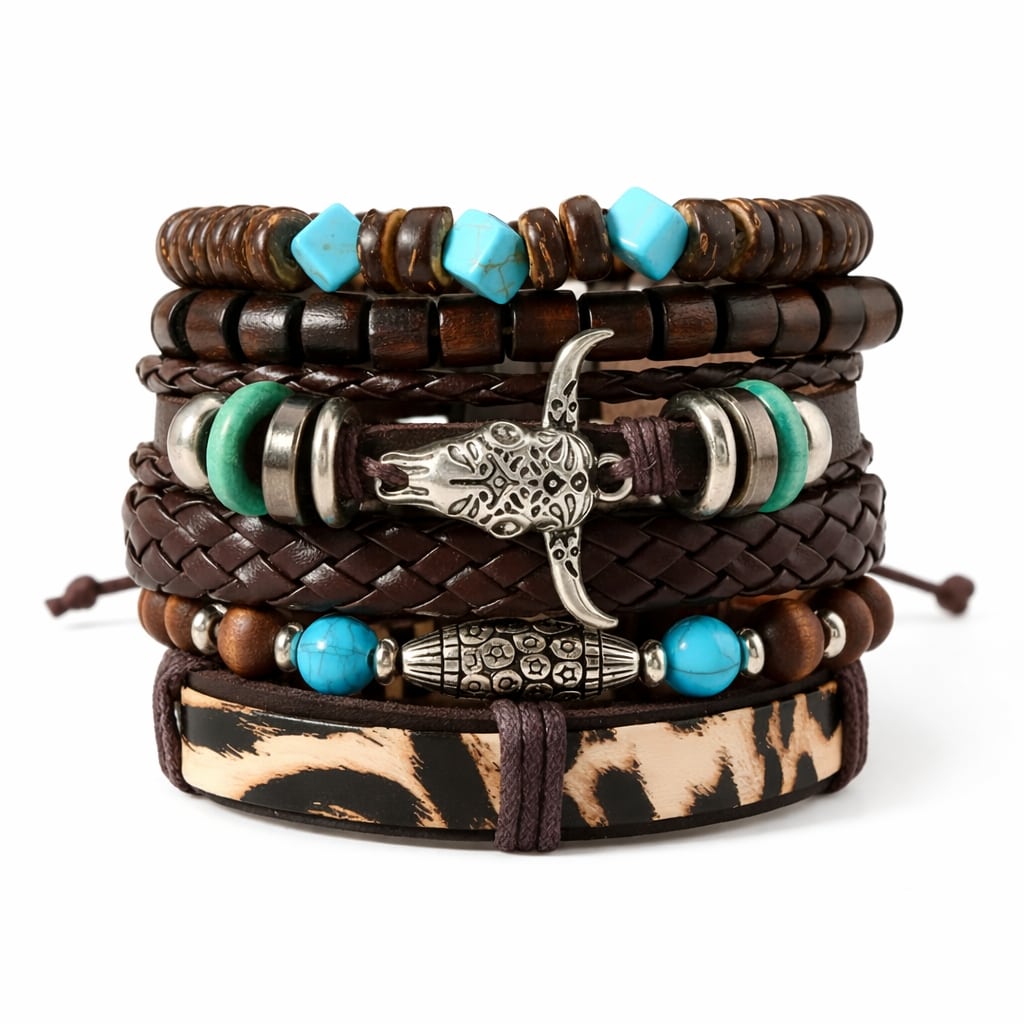 Bullhead Multi-Layer Beaded Hand-Woven Leather Bracelet for Men-Set of 6