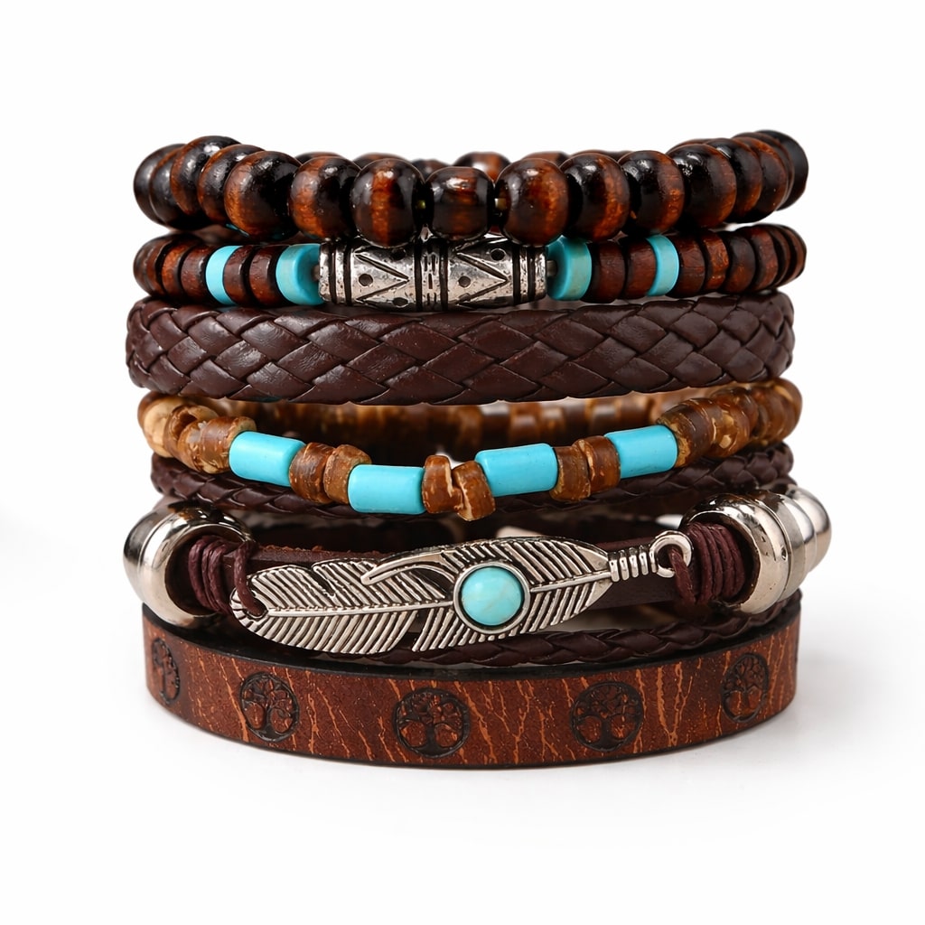 Brown Feather Beaded Multi-Layer Leather Bracelet for Men-Set of 6