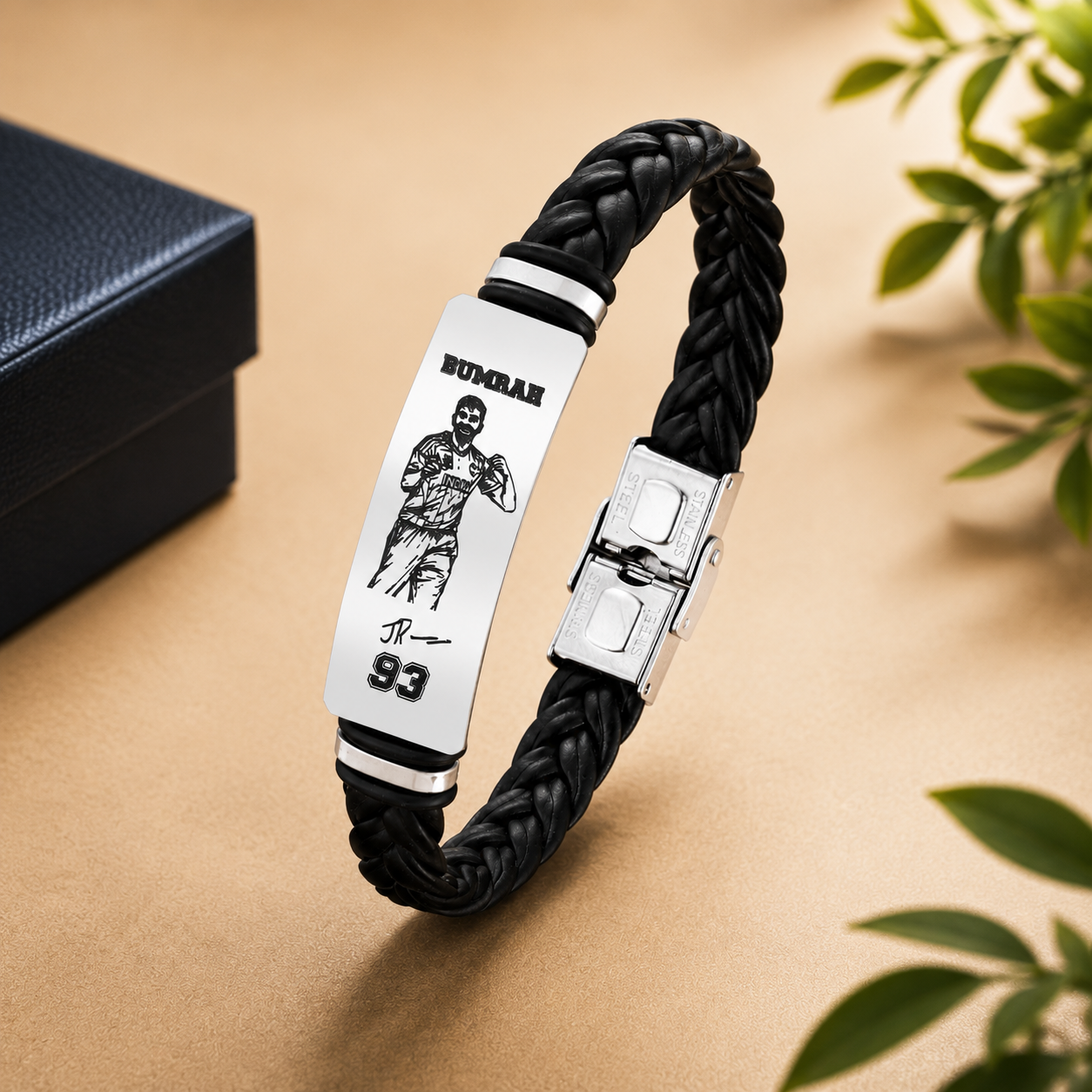 Jasprit Bumrah 93 Signature Leather Bracelet for Men | Premium Braided Black Leather Wristband | Stainless Steel Cricket Fan Bracelet Gift