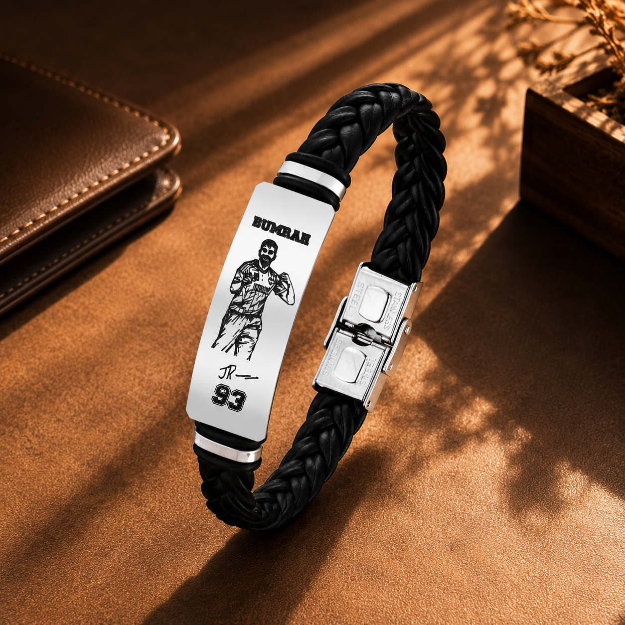 Jasprit Bumrah 93 Signature Leather Bracelet for Men | Premium Braided Black Leather Wristband | Stainless Steel Cricket Fan Bracelet Gift