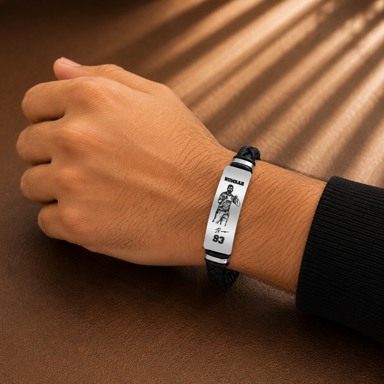 Jasprit Bumrah 93 Signature Leather Bracelet for Men | Premium Braided Black Leather Wristband | Stainless Steel Cricket Fan Bracelet Gift