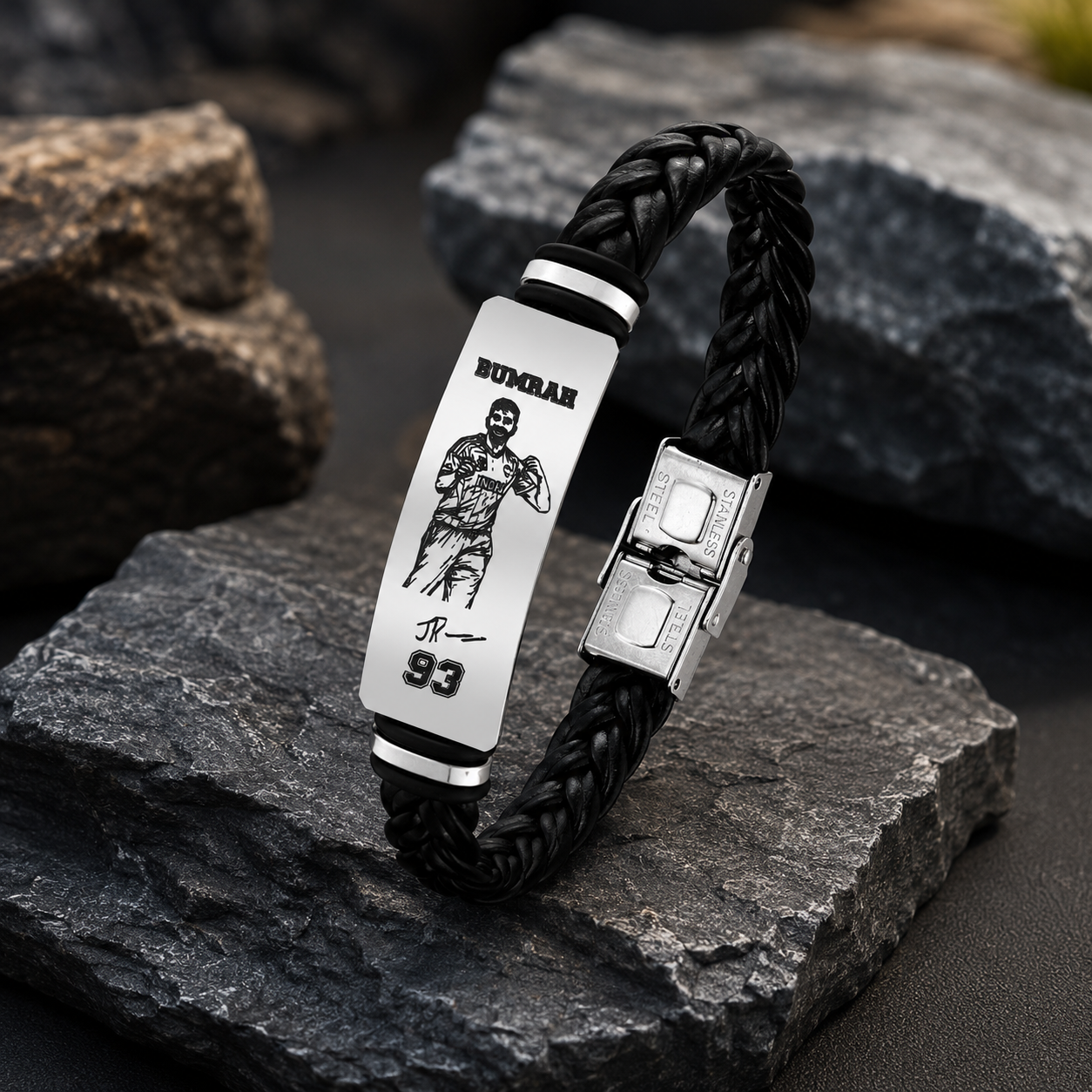 Jasprit Bumrah 93 Signature Leather Bracelet for Men | Premium Braided Black Leather Wristband | Stainless Steel Cricket Fan Bracelet Gift