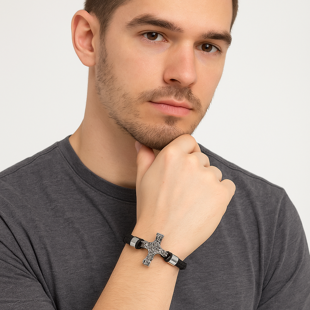 Black Rope Stainless Steel Cross Bracelet for Men