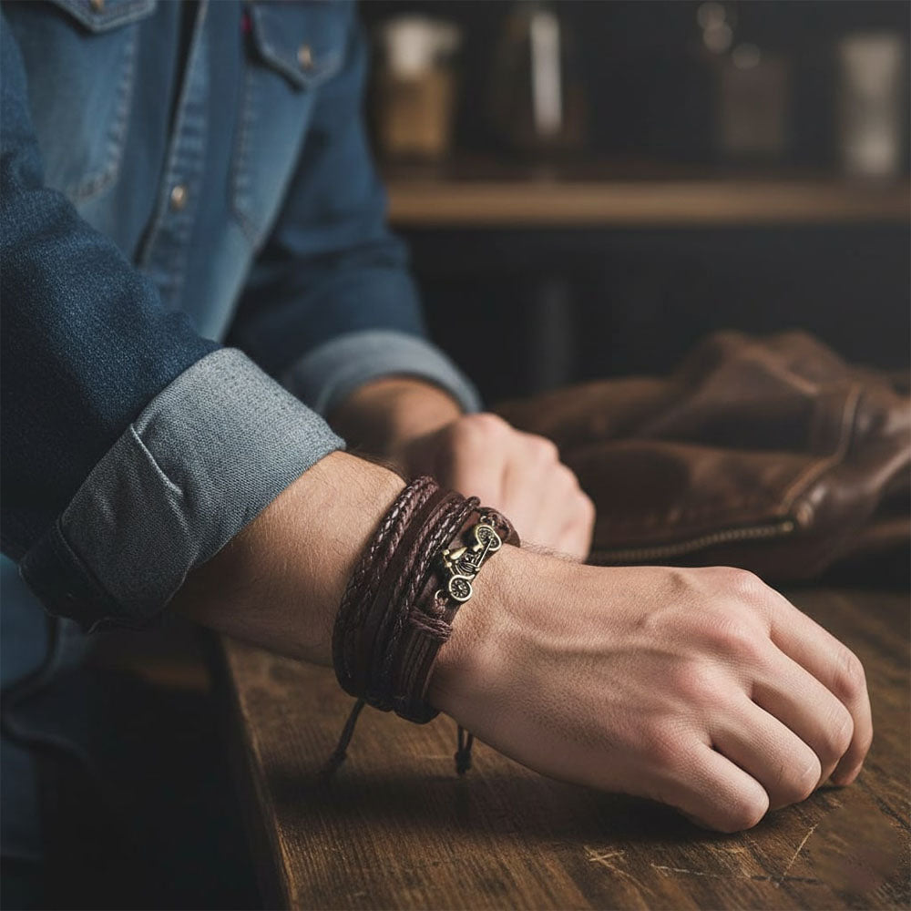 Brown Braided Bike Style Leather Bracelet For Men Pack of 4
