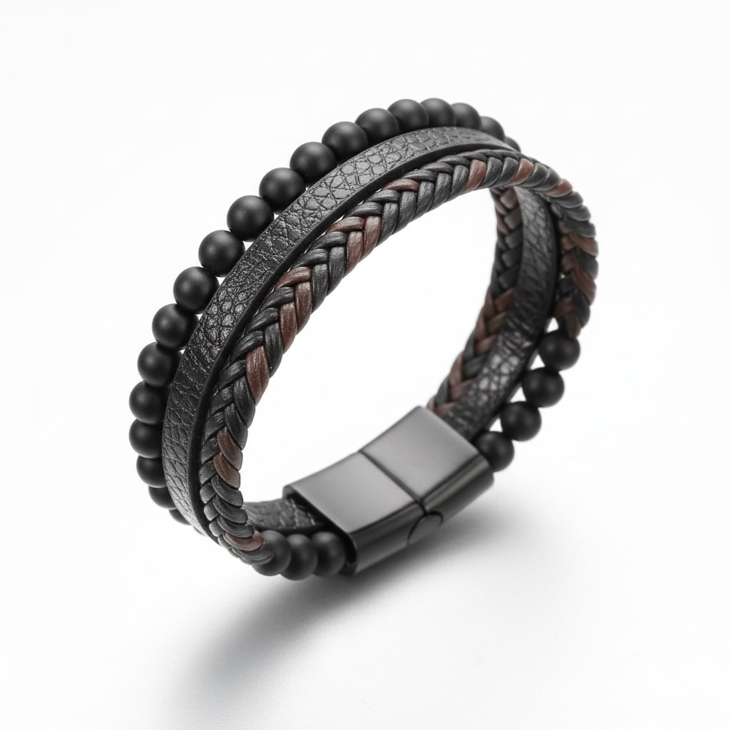 Brown Beaded Leather Bracelet for Men