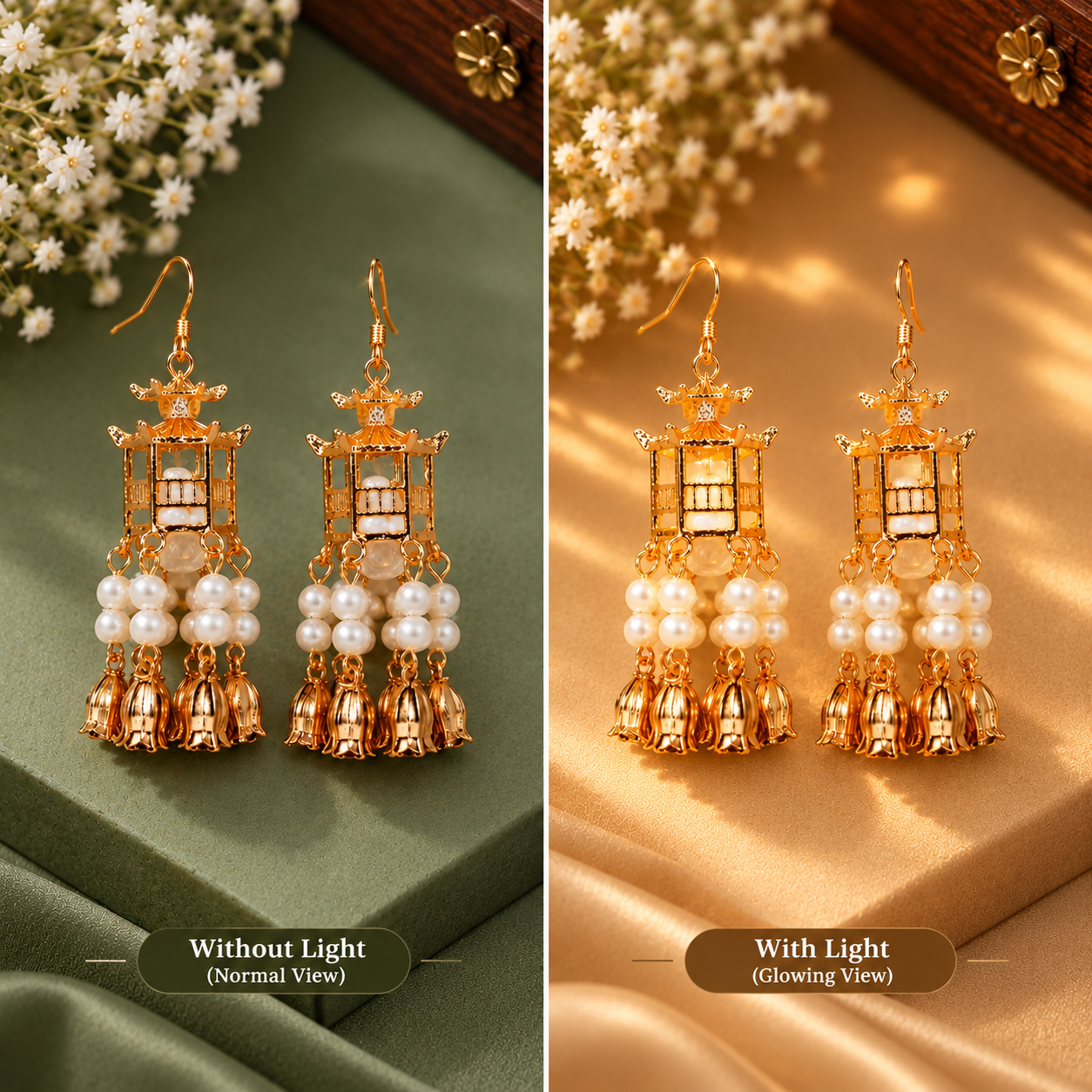 Gold Plated Pearl Light Earrings Set for Women, Stylish Traditional and Party Wear Earrings