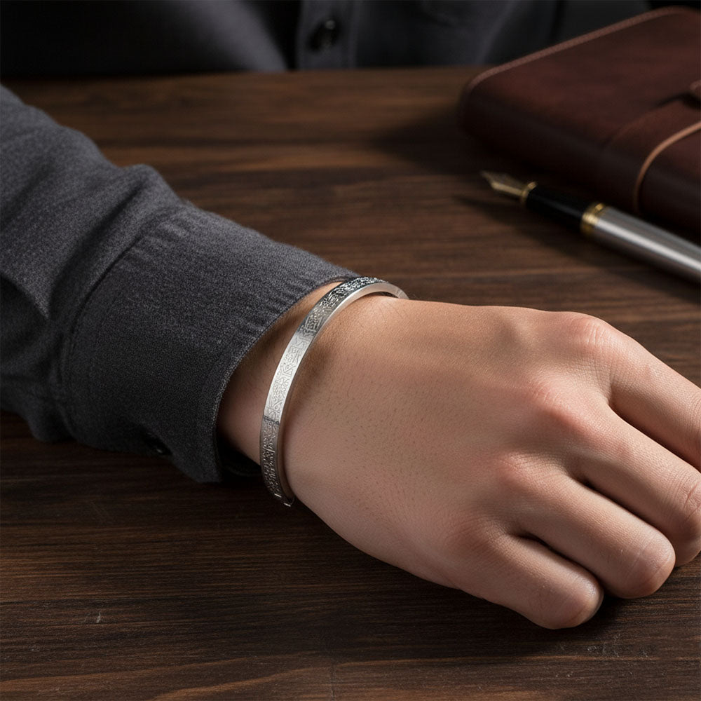Stainless Steel Islamic Ayatul Kursi Engraved Bracelet - Black Full Wrap for Men