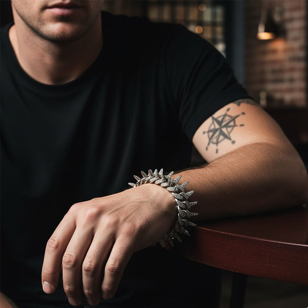 Stainless Steel Zirconia Studded Cuban Link Rapper Bracelet for Men
