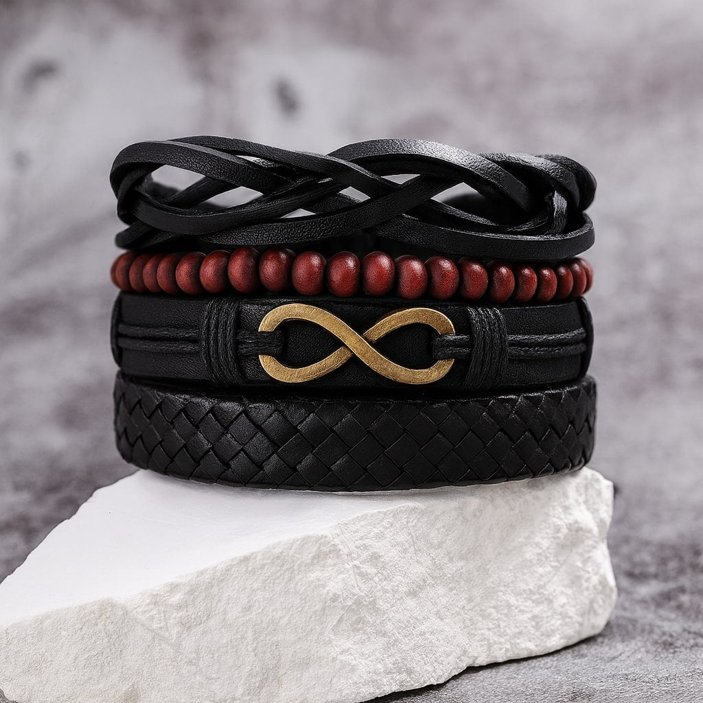 Golden Infinity Symbol Leather Bracelet for Men Pack of  4