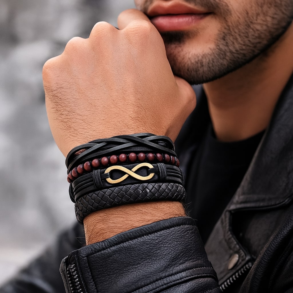 Golden Infinity Symbol Leather Bracelet for Men Pack of  4