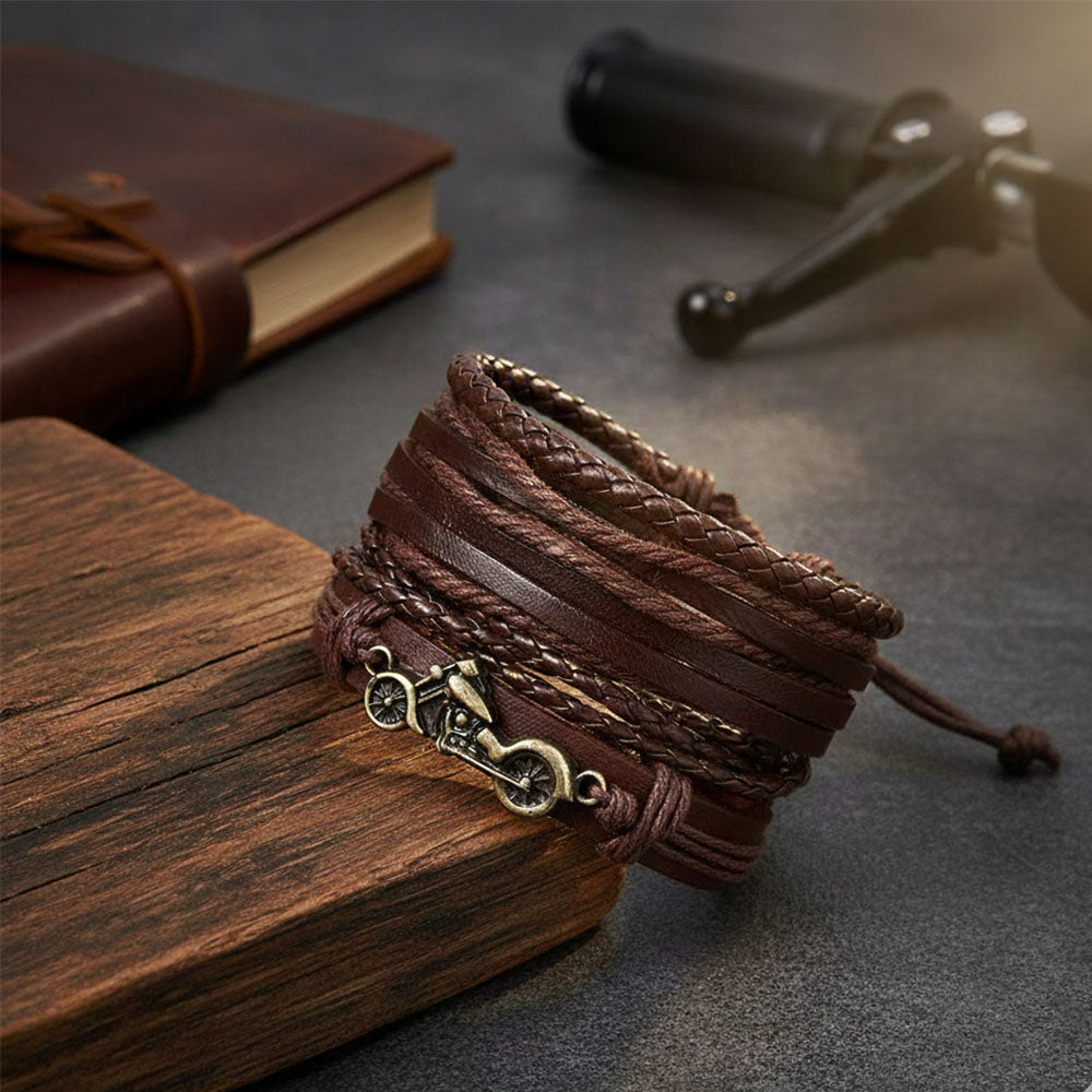 Brown Braided Bike Style Leather Bracelet For Men Pack of 4