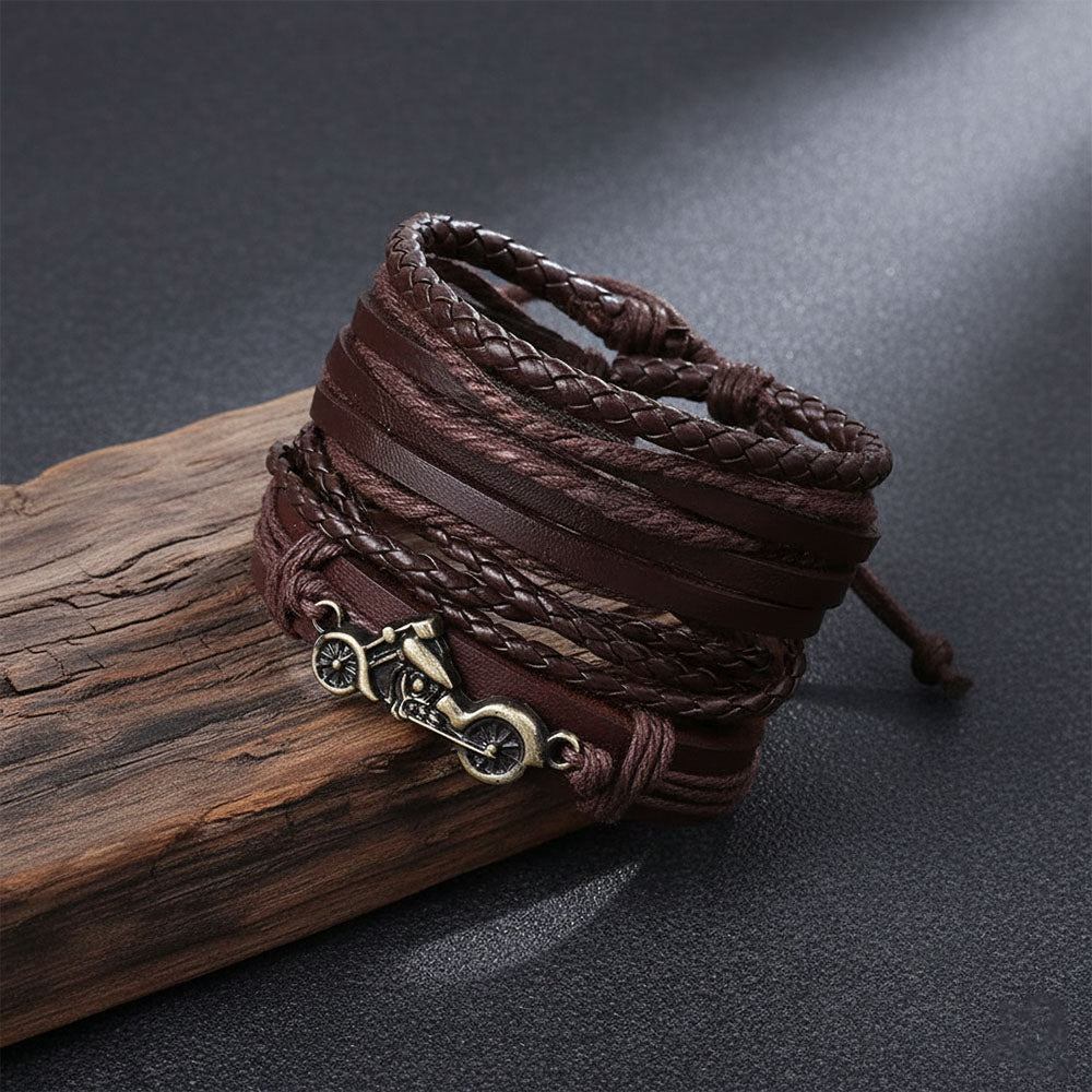 Brown Braided Bike Style Leather Bracelet For Men Pack of 4